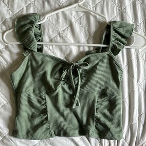 Green Solid Ruffle Knotted Rib Tank Top